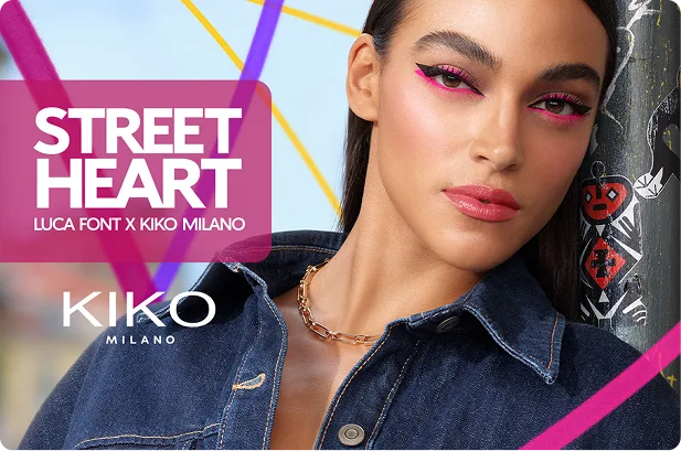 KIKO Milano 'Street Heart' makeup campaign featuring a bold pink eyeliner and eyeshadow look