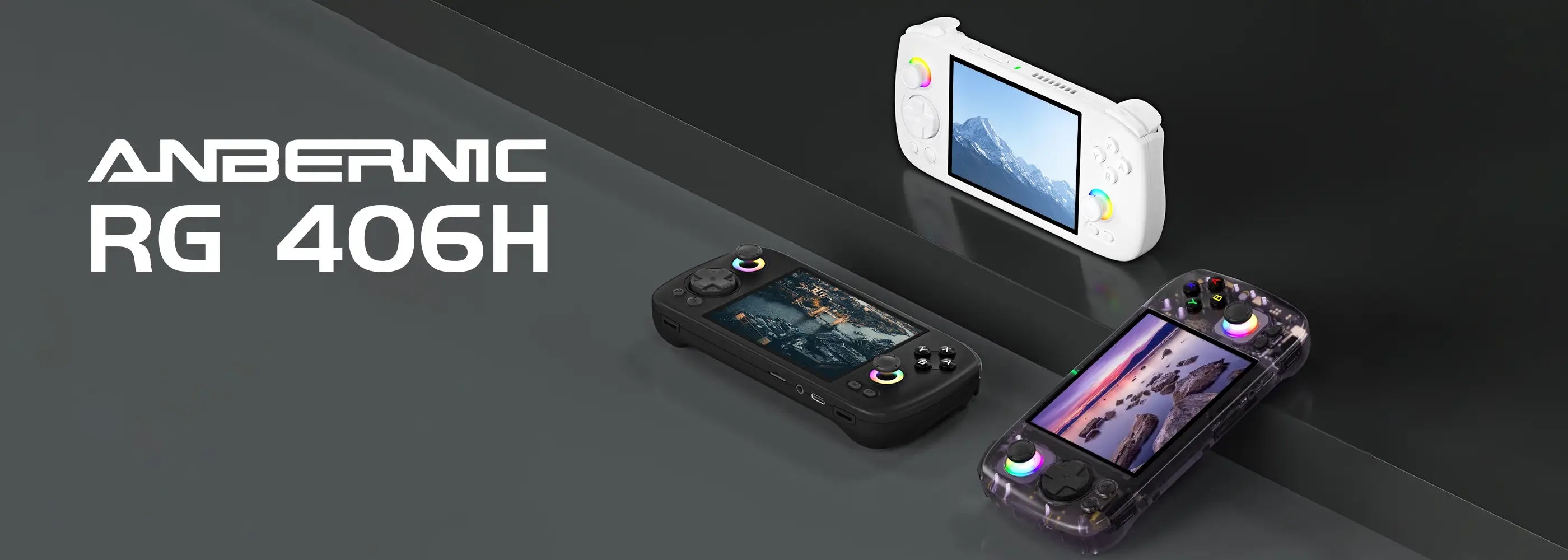 ANBERNIC RG406H handheld gaming consoles in white, black, and clear finishes
